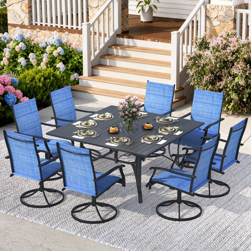 9 Piece Patio Dining Set, Outdoor Dining Table And Chairs Set For 8, 8 Swivel Chairs, 1 Iron Square Table With Adjustable Umbrella Hole (1.57"-1.97"), Patio Furniture Set For Deck, Backyard, Lawn, Poolside, Brown/gray/blue