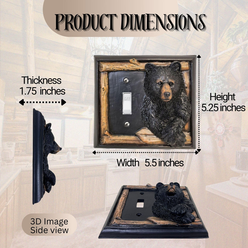 Resin Rustic Single Toggle Switch Cover Black Bear with Tree Branch Design