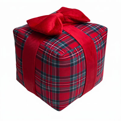 Christmas Throw Pillow Shaped Like a Gift Box, Red Plaid Tartan Knit 3D Decorative Accent Pillow with Bow, 10 x 10 Inch