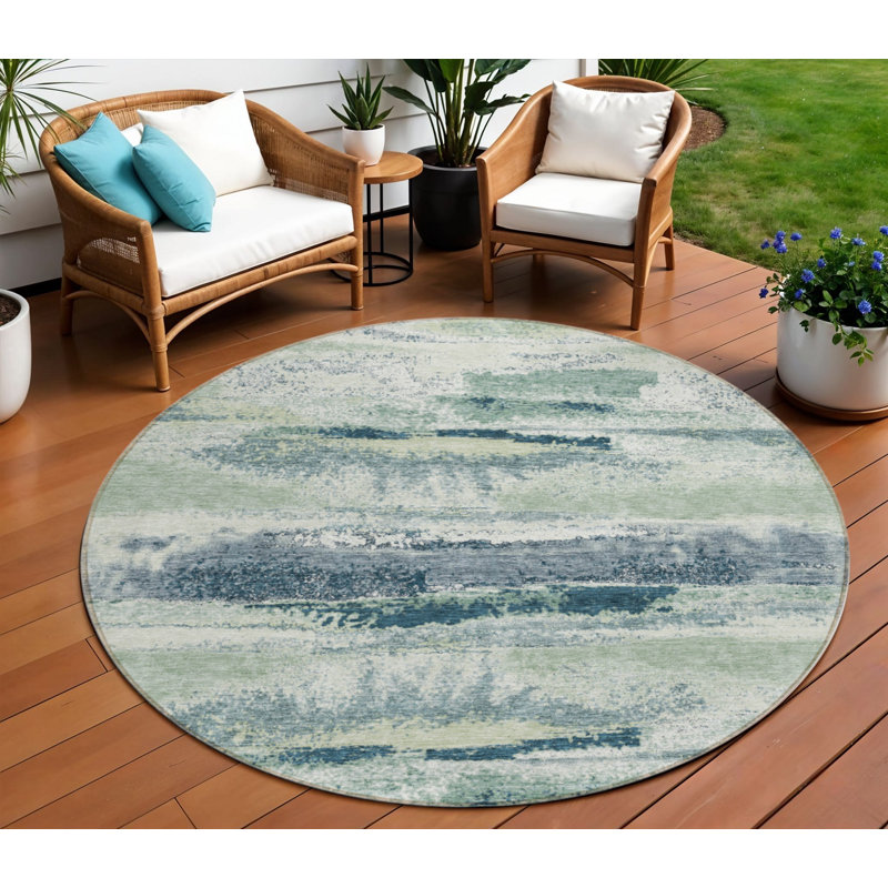 Tapis extérieur rond lavable abstrait 8 po vert ivoire et bleu denim