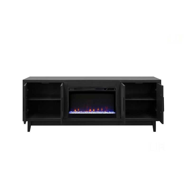 Meuble télé en bois massif 75 po avec foyer électrique pour téléviseur de 85 po ou moins Poularies, 29"H x 75"L x 17"W, Noir