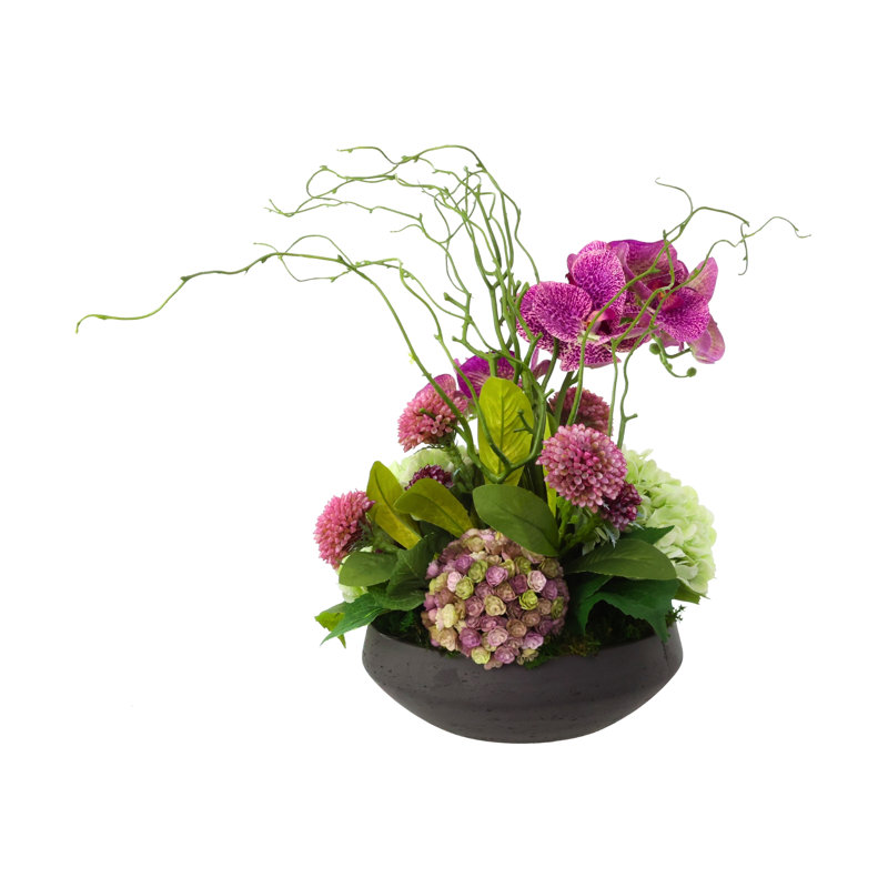 Centre de table orchidée avec hortensias et dahlias, Green;Purple;Pink;White, 16" H x 16" W