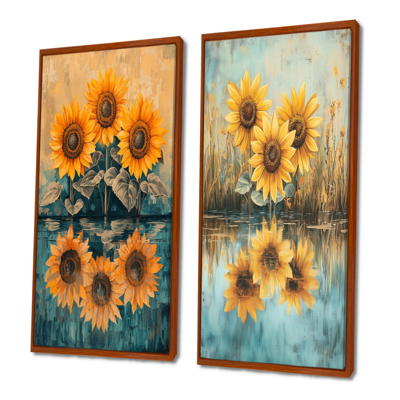 Tournesols en réflexion I - Collection d'art mural floral 2 pièces, H 28 po x l 25 po, Cadre flottant brun