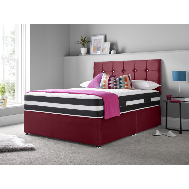 Vibbert Upholstered Divan Bed with Mattress, Double (4'6), Maroon, Left Side Drawers