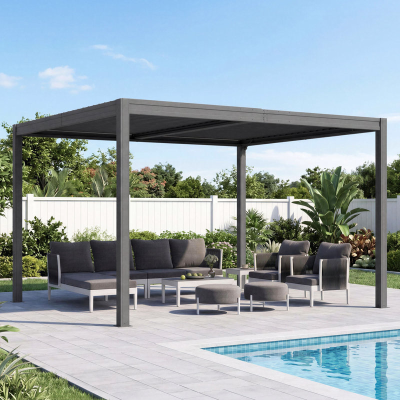 Domi Patio Outdoor Aluminum Louvered Pergola, Gray, 12" W x 10' D
