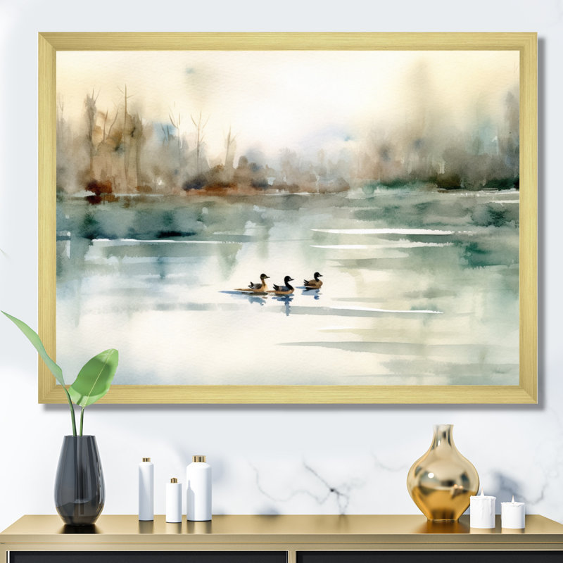 «Ducks in Pond I» - Art mural sur toile, H 24 po x l 32 po, Impression encadrée, Doré