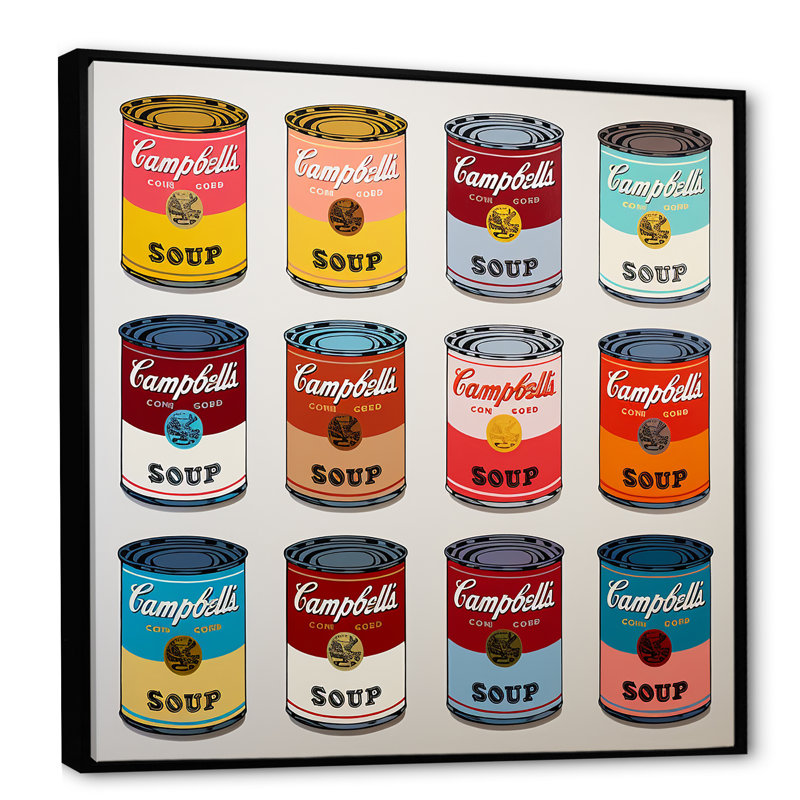 Pop Art Soup Collage III - Art mural lait, H 30 po x l 30 po x P 1,5 po, Cadre flottant noir
