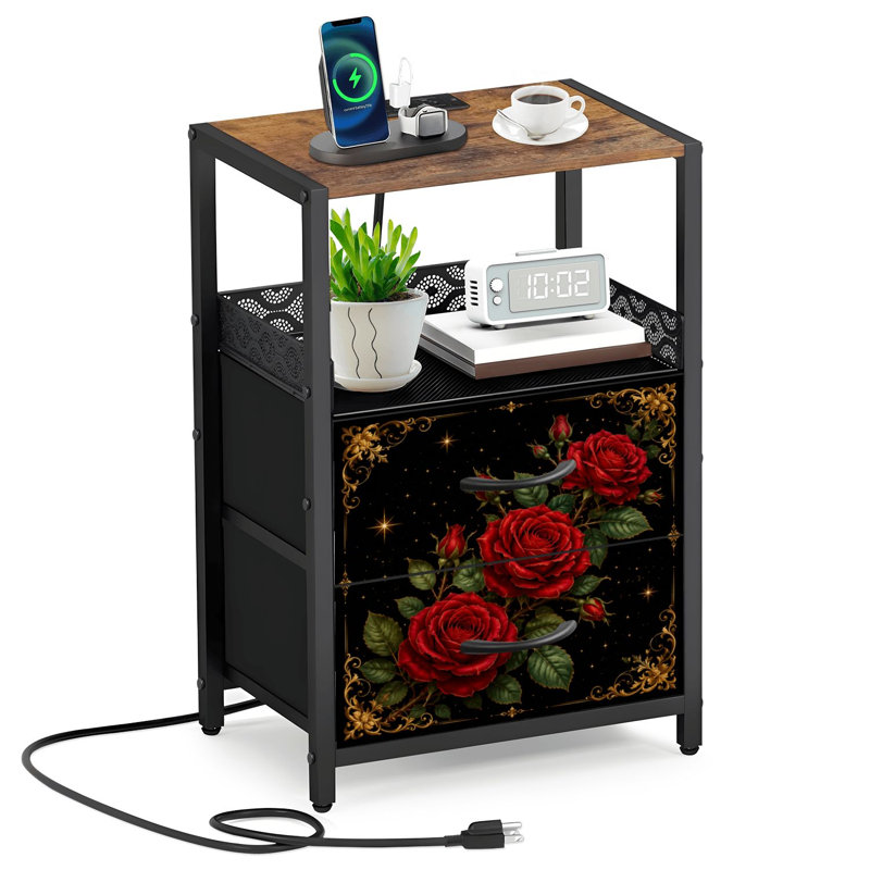 Table de chevet 2 tiroirs en tissu avec station de charge Roses rouges verdure Étoiles scintillantes Table de chevet noire avec tablettes et ports USB