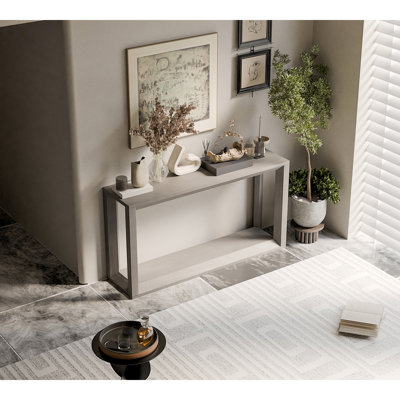 Table rectangulaire de 60 po en placage de bois massif, table de canapé large, table de canapé derrière avec amplement de rangement pour le vestibule et le salon, gris vieilli, table