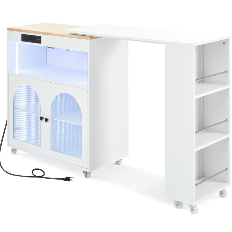 Large Capacity Kitchen Island On Wheels, Led Lights, White, & Reliable With Storage Compartment, Functional Versatile, White