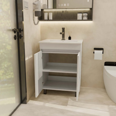 Meuble-lavabo de 24 po avec lavabo, meuble-lavabo pour petit espace, meuble-lavabo autoportant avec 2 armoires à fermeture douce