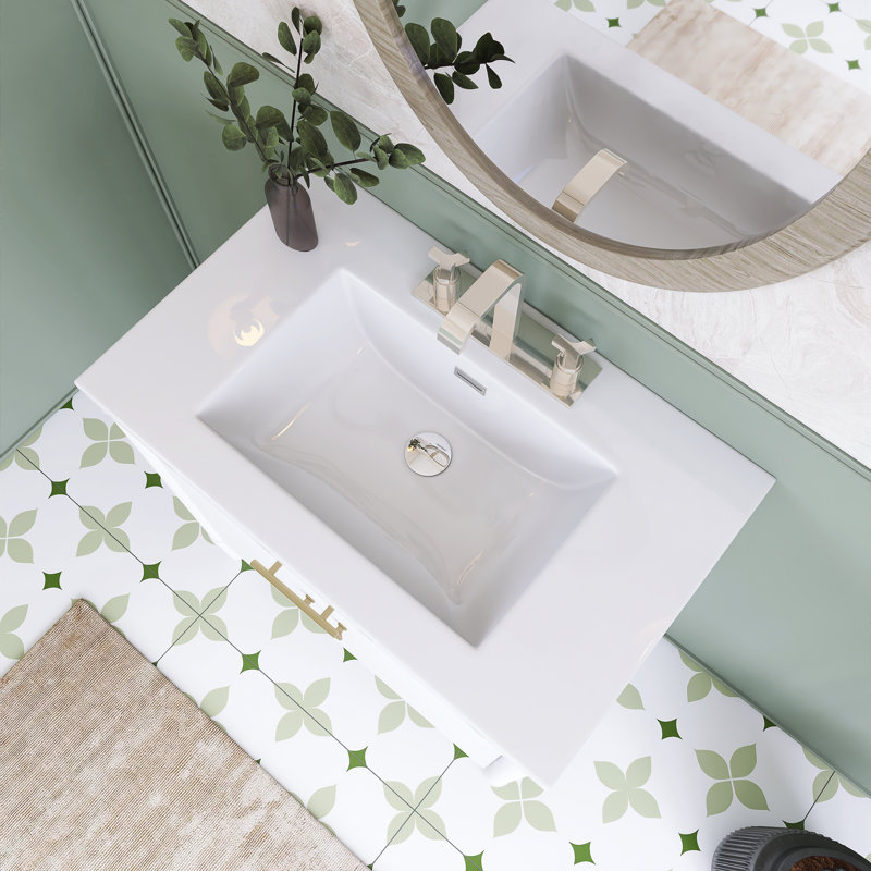 31'' Freestanding Single Sink Bathroom Vanity With Ceramic Top, White / Matte Gold