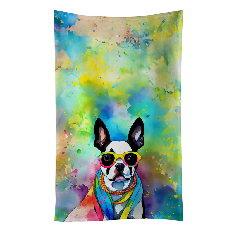 Boston Terrier Hippie Dawg Kitchen Towel