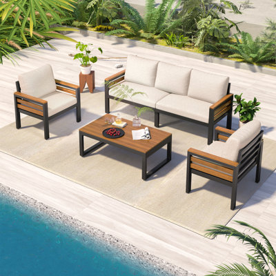 4-Piece Outdoor Furniture Sofa Set for 5 People with Acacia Wood Armrests, Patio Conversation Set with Removable Cushion and Solid Wood Coffee Table