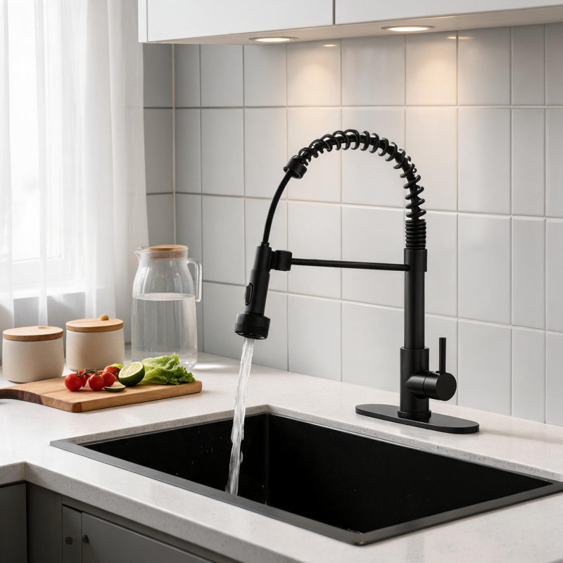 Robinet de cuisine à ressort 28 pouces en acier inoxydable noir mat avec douchette rétractable et 4 modes de pulvérisation