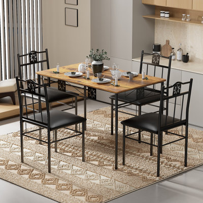 TC Small Dining Table Set for 4, 5 Piece Kitchen Bar Dinette Square, with PU Padded Chairs, Retro-Brown
