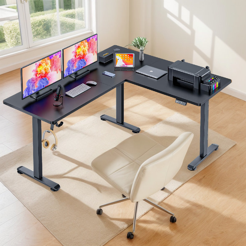 Olivia 63" L Shaped Electric Height Adjustable L Shaped Standing Desk, Black