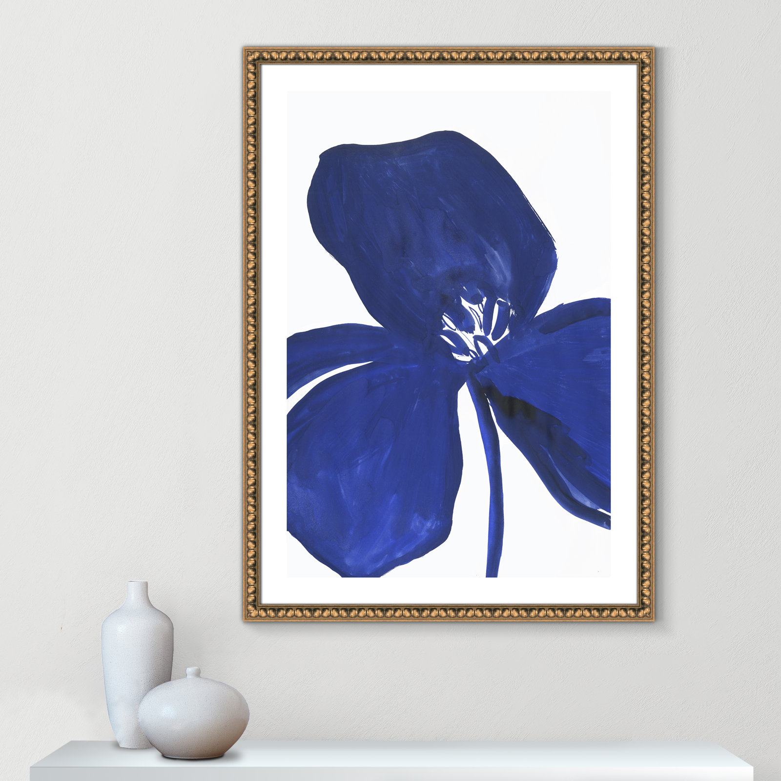 Clarisse "Indigo Petal II" Painting, 42.5" H x 30.5" W x 1.13" D, Gold Bead Framed Paper