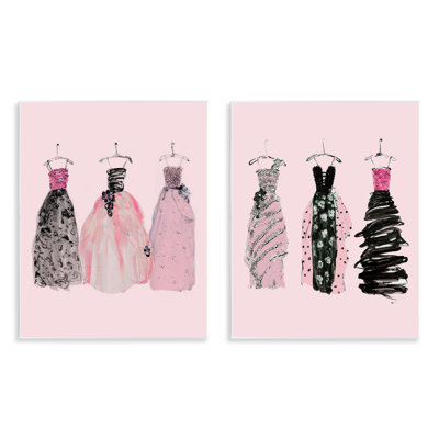 Pink & Black Trendy Dresses 2 Piece Wall Plaque Art Set, design by Sally Swatland