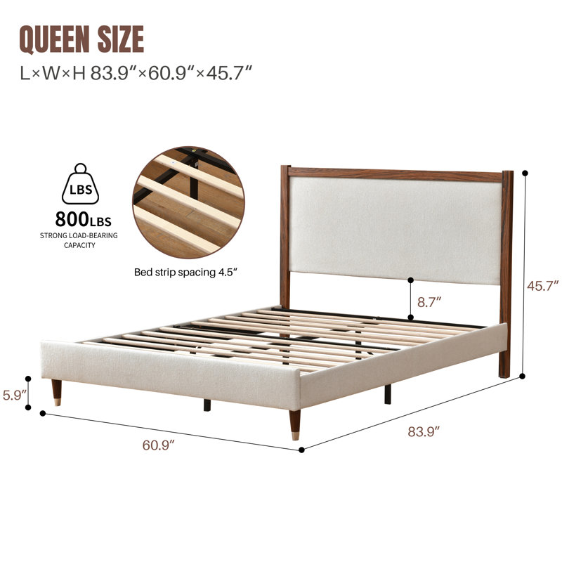 Lit plateforme en bois avec base rembourrée, Crème, Grand