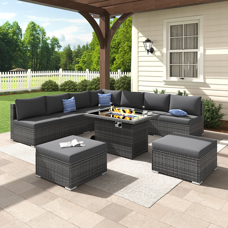 Bromelia 10-Piece Outdoor Modular PE Wicker Sectional Conversation Set with 43" Propane Fire Pit Table and Cushions, Gray