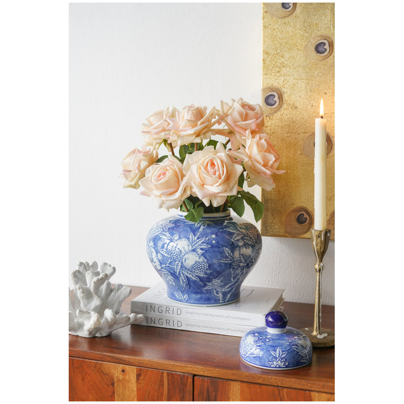 Pot en porcelaine bleue et blanche avec motif floral et grenade, 9,1 x 9,1 x 9,1 pouces