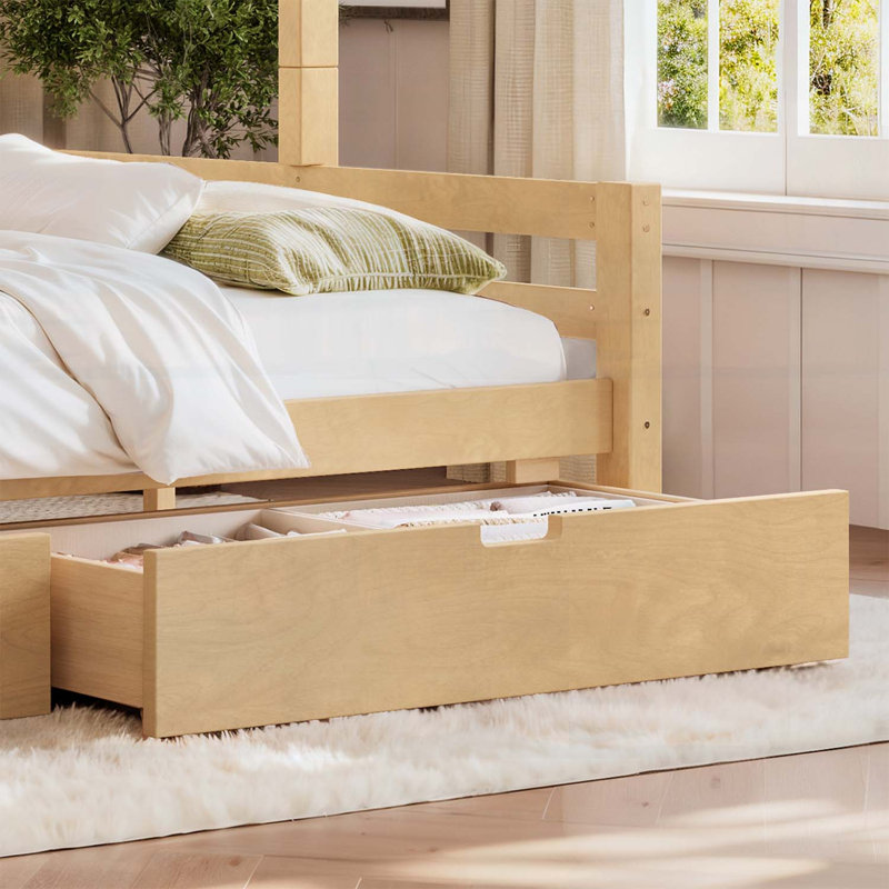 Lit superposé simple au-dessus de grand lit simple avec rangement, garde-corps courbés et tablettes, structure en bois massif, aucun sommier tapissier requis, finition naturelle