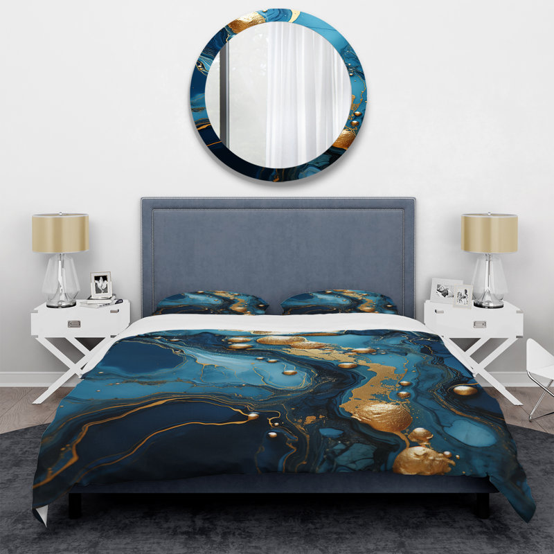 Ensemble de housse de couette abstrait doré et saphir bleu marbré III, Housse de couette pour grand lit