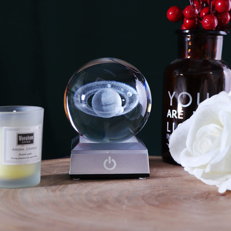 80mm 3D Engraved Saturn Crystal Ball with LED Base, Solar System Glass Sphere Decor.