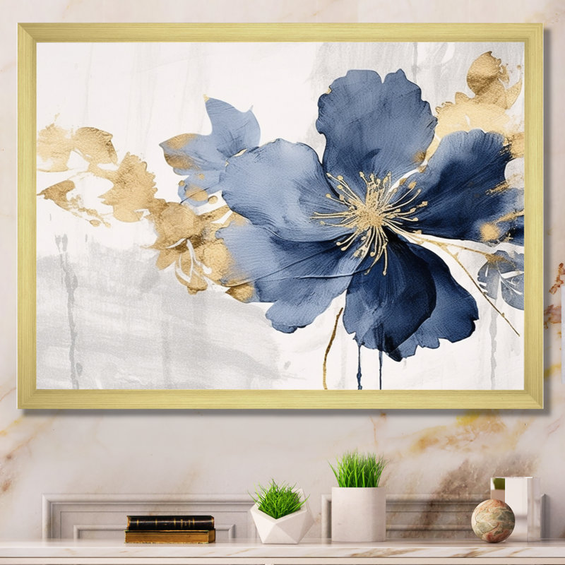 Hibiscus bleu et blanc, fleurs d'harmonie tropicale I - art mural floral, Cadre doré simple, H 16 po x l 32 po
