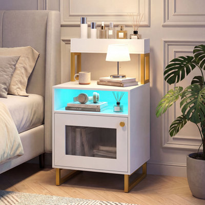 Table de chevet 2 pièces avec lumières DEL, table de bout moderne avec plateau supérieur, compartiment ouvert blanc