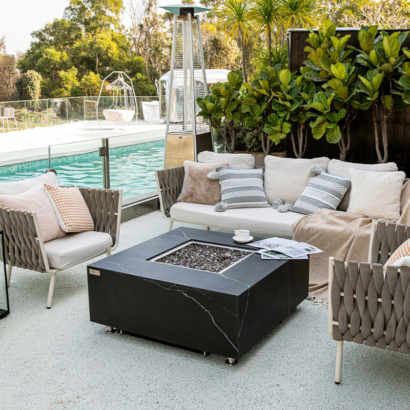 Bianco / Sofia 40" Outdoor Marble Porcelain Fire Table 60,000 BTU - Includes Fire Glass, Lid & PVC Cover, Propane