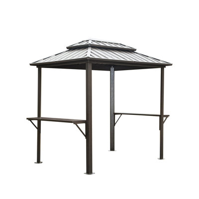 Pavillon de jardin 8 pi 6 pi avec structure en métal, double toit et tablettes pratiques pour terrasse en aluminium brun, toit, 2 accessoires de fête utiles - brun