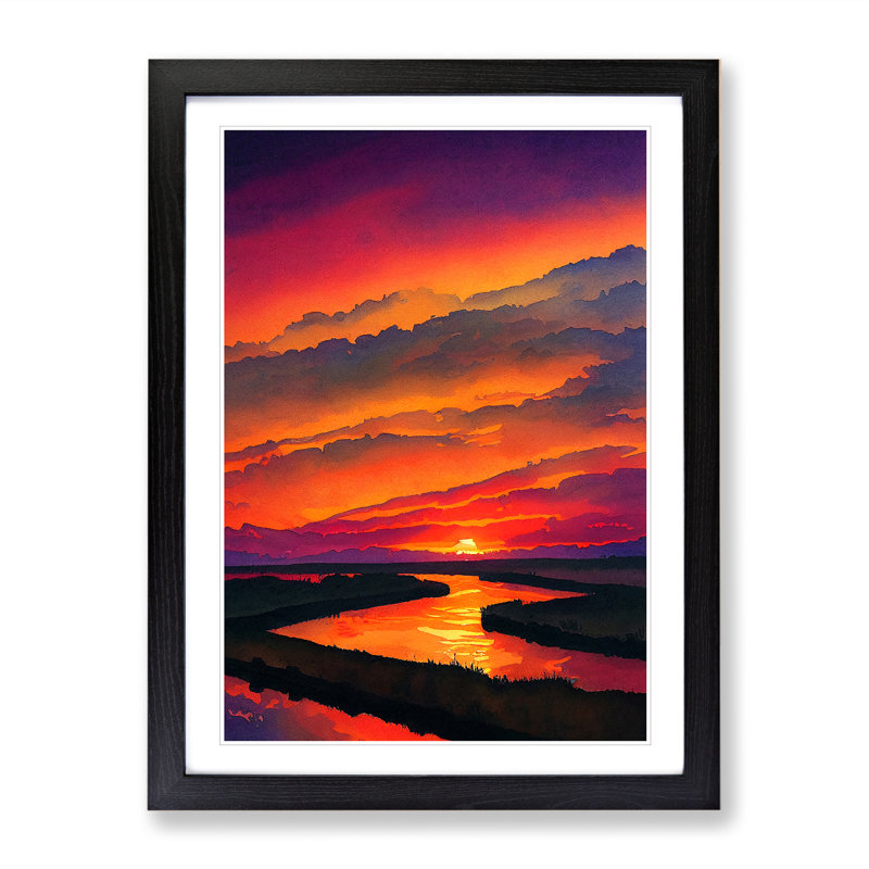XV1022-4305X Sunset Lake Watercolour No.1 - Single Picture Frame Print, Black Framed, 64cm H x 46cm W