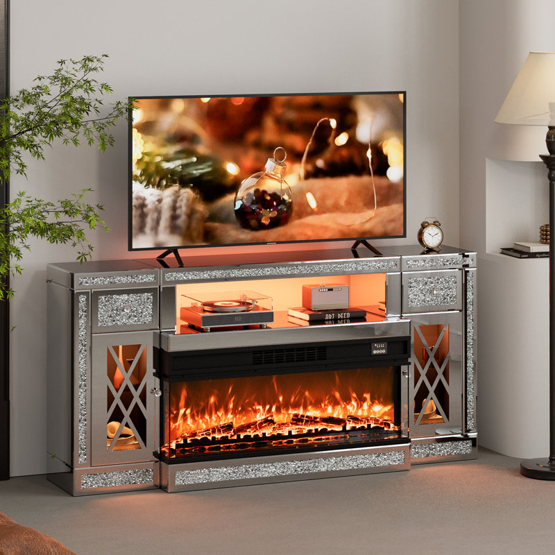 Mirrored Tv Stand With Fireplace For 65+ Inch Tv, Silver Tv Console Table With Crushed Diamond & Led, Modern Entertainment Center With Drawers & Cabinets For Living Room, Bedroom And Office