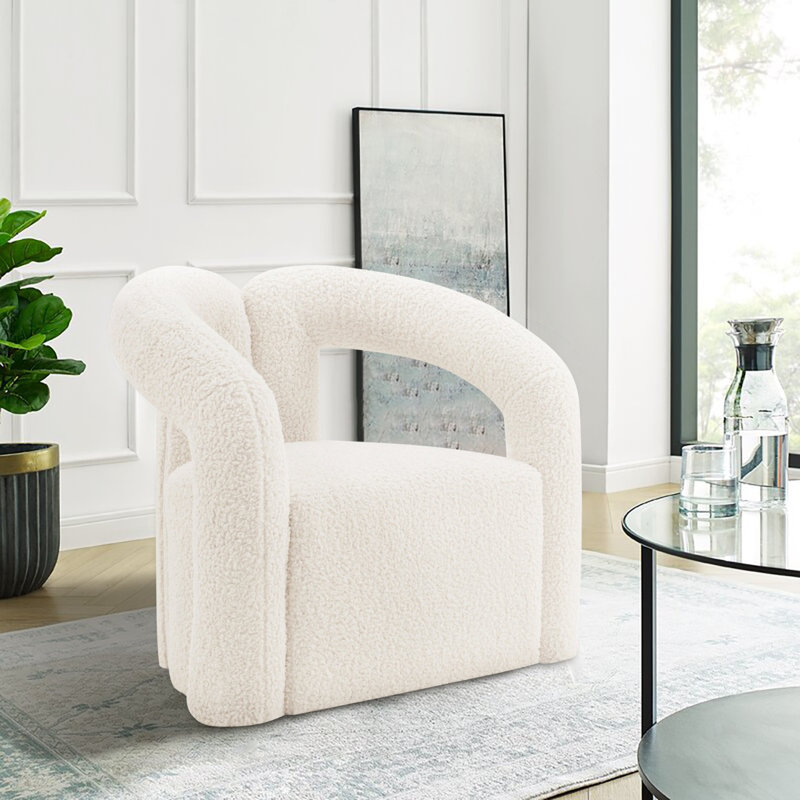 Fauteuil demi-tonneau blanc Darian, Crème Boucle