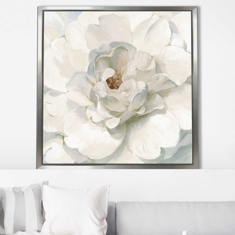 Pivoine neutre - peinture, Cadre flottant argent, H 21,5 po x l 21,5 po x P 2 po