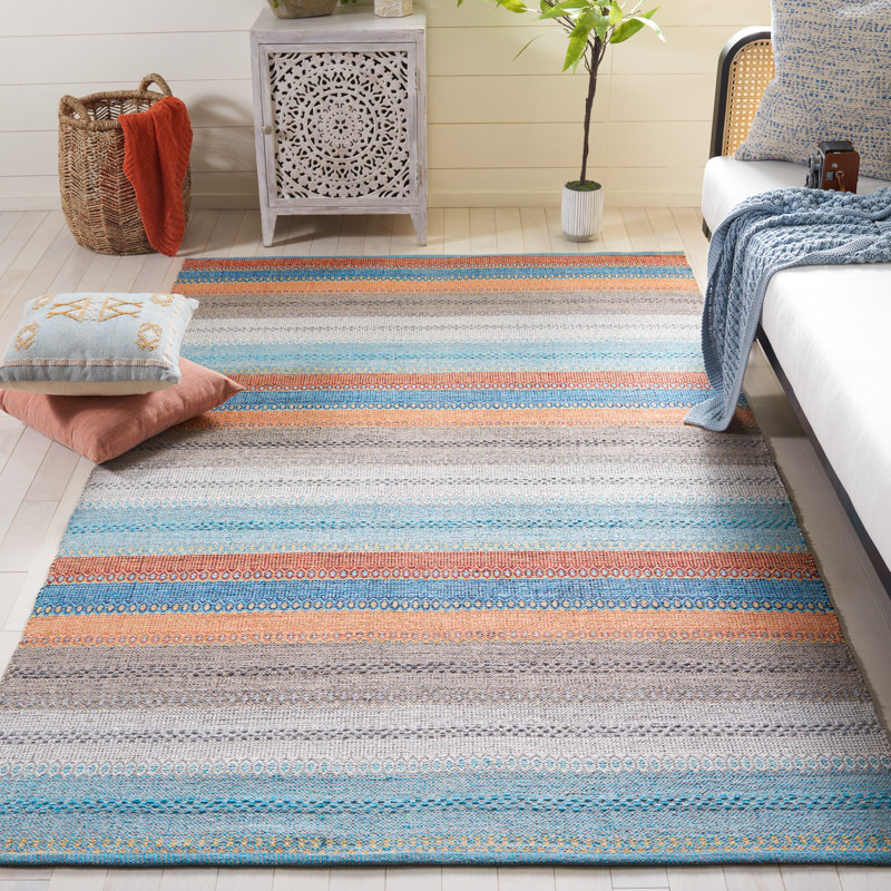 Gulbranson Striped Handmade Flatweave Cotton Area Rug in Gray/Blue/Orange, Rectangle 6' x 9'