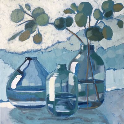 Eucalyptus In Blue Glassware by Sue Riger - Wrapped Canvas Print