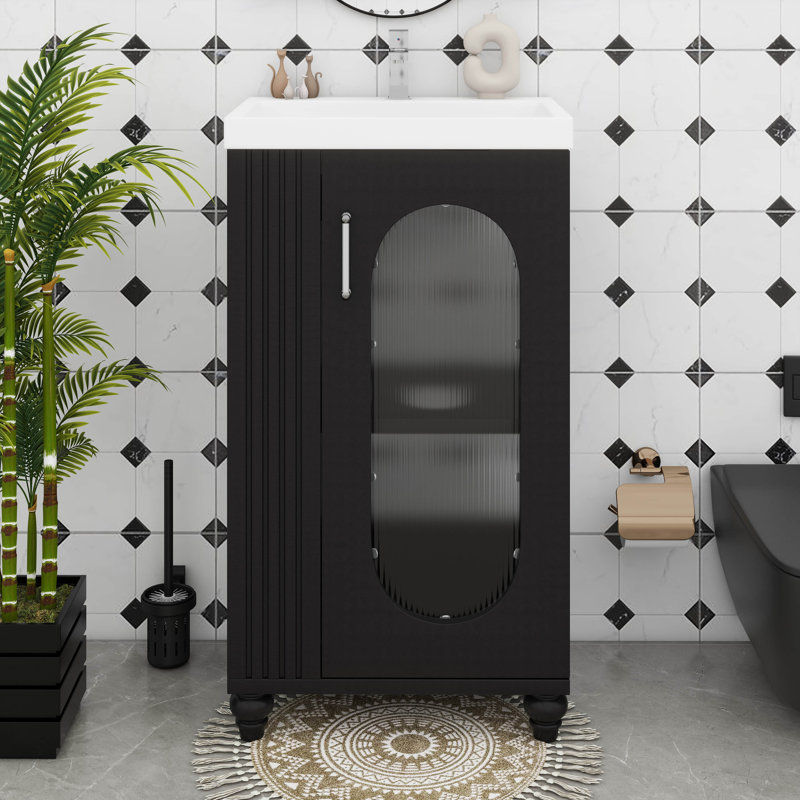 Meuble-lavabo moderne de 20 po avec lavabo en céramique et porte en verre, tablette réglable, Noir