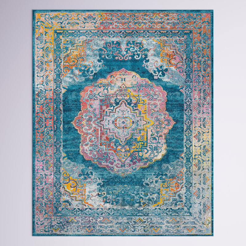 Tapis oriental en polypropylène tissé à la machine en bleu / rose, Rectangle 8 pi x 10 pi