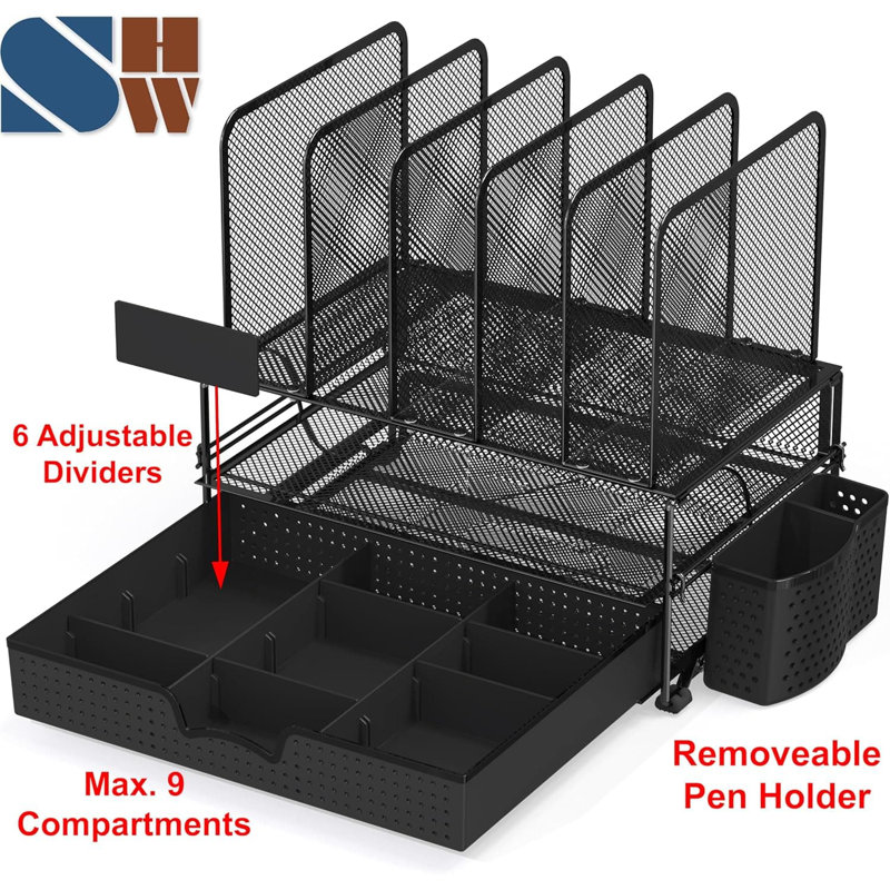 5.5"D x 13.2"W x 12"H Black Mesh Desk Organizer with Sliding Drawer, Double Tray & 5 Upright Compartments