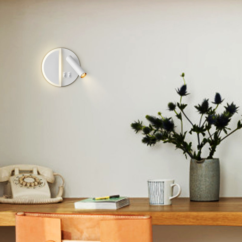White LED Wall Sconce with Adjustable Spotlight, Round