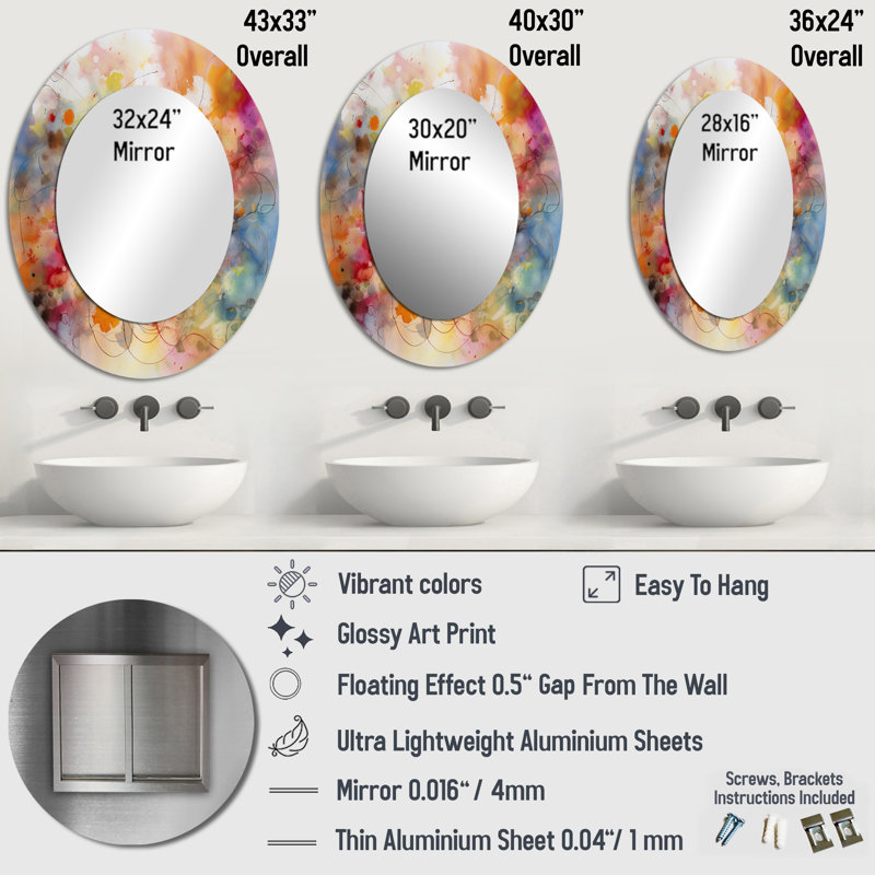 Colorful Transformations Of Flow I - Miroir mural ovale orange, 43 po x 33 po