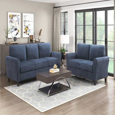 Contemporary 2Pc Living Room Sofa Set Chenille Upholstered Sofa Loveseat Plush Foam Padded Pocket Coils Solid Wood Furniture
