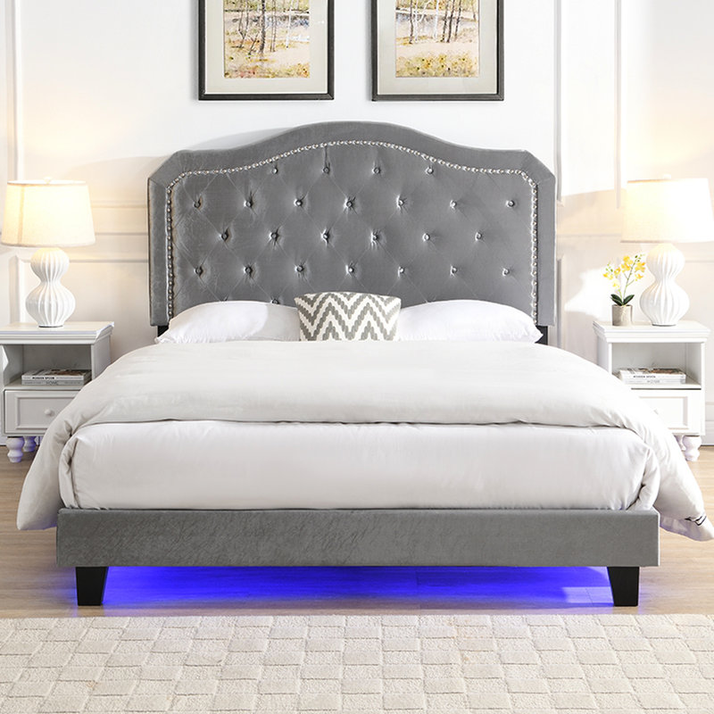 Upholstered Button Queen Bed In Grey Velvet - Curve Style Strong Wood Slat Foundation Led Lights Easy Assembly No Box Spring Required Grey Look Support