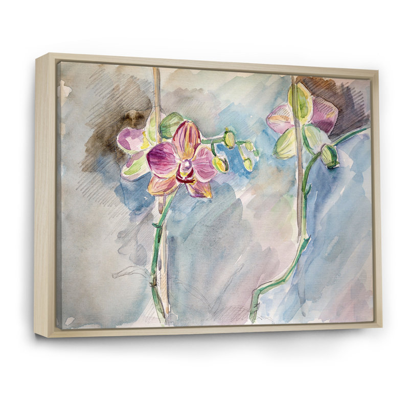 Croquis d'orchidées roses - reproduction sur toile, H 24 po x l 36 po x P 1 po, Cadre naturel flottant