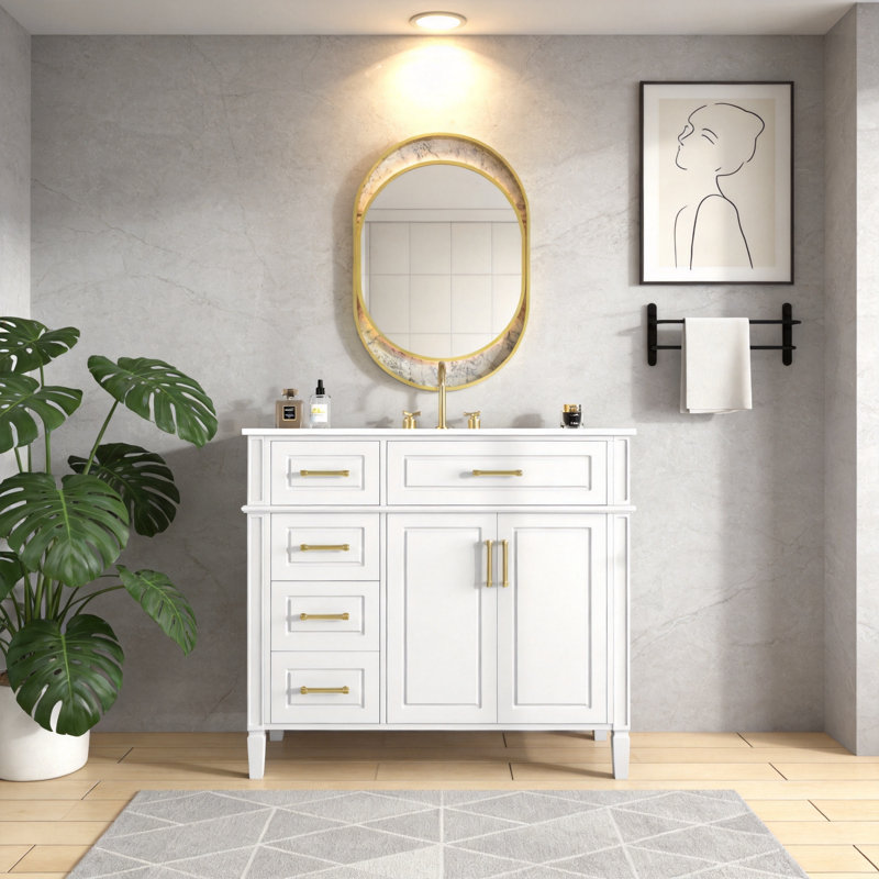 Meuble-lavabo 36 po avec lavabo, meuble-lavabo simple avec 4 tiroirs et tablette réglable, meuble-lavabo autoportant en bois de pin et panneau de fibres à densité moyenne avec cuve en céramique, quincaillerie dorée, charnières à fermeture en douceur