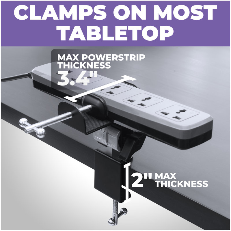 Liquid Stands Piano Stand Power Strip Mount - Fits 1" To 3.4" - Piano Desk Clamp Power Strip Holder - Removable Under Desk Power Strip Holder For Edge - Sturdy Table Clamp Mount And Cable Management