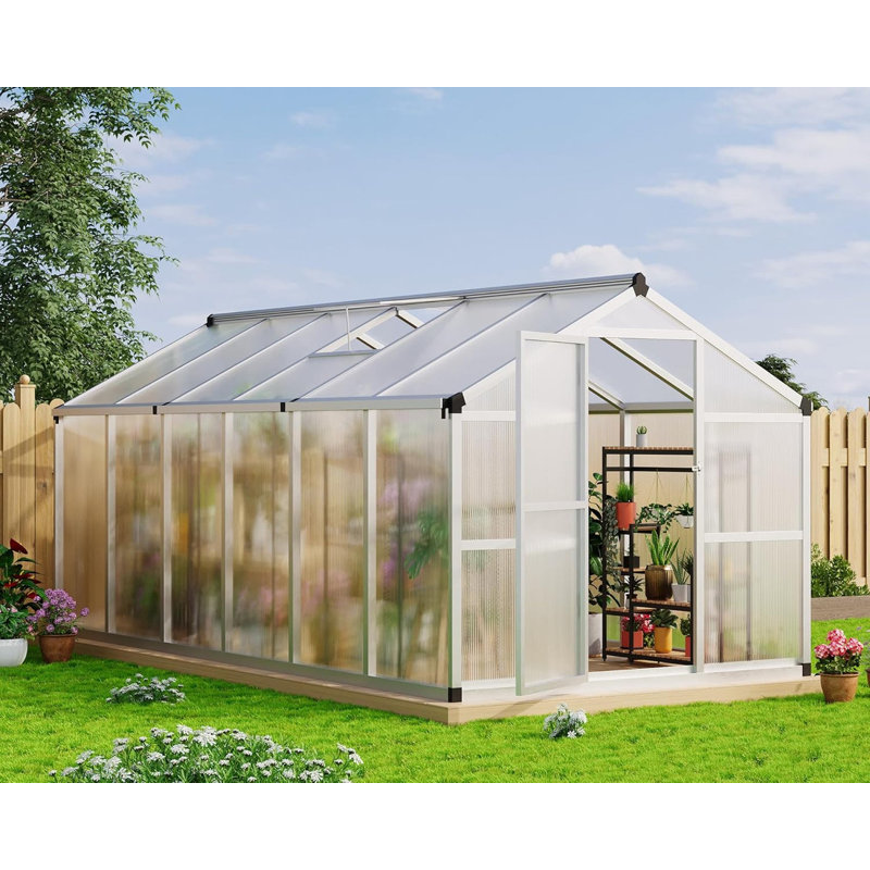 8 x 10/12FT Polycarbonate Walk-in Greenhouse with Roof Vent, Aluminum Frame Large Garden Greenhouse for Outdoors, Silver